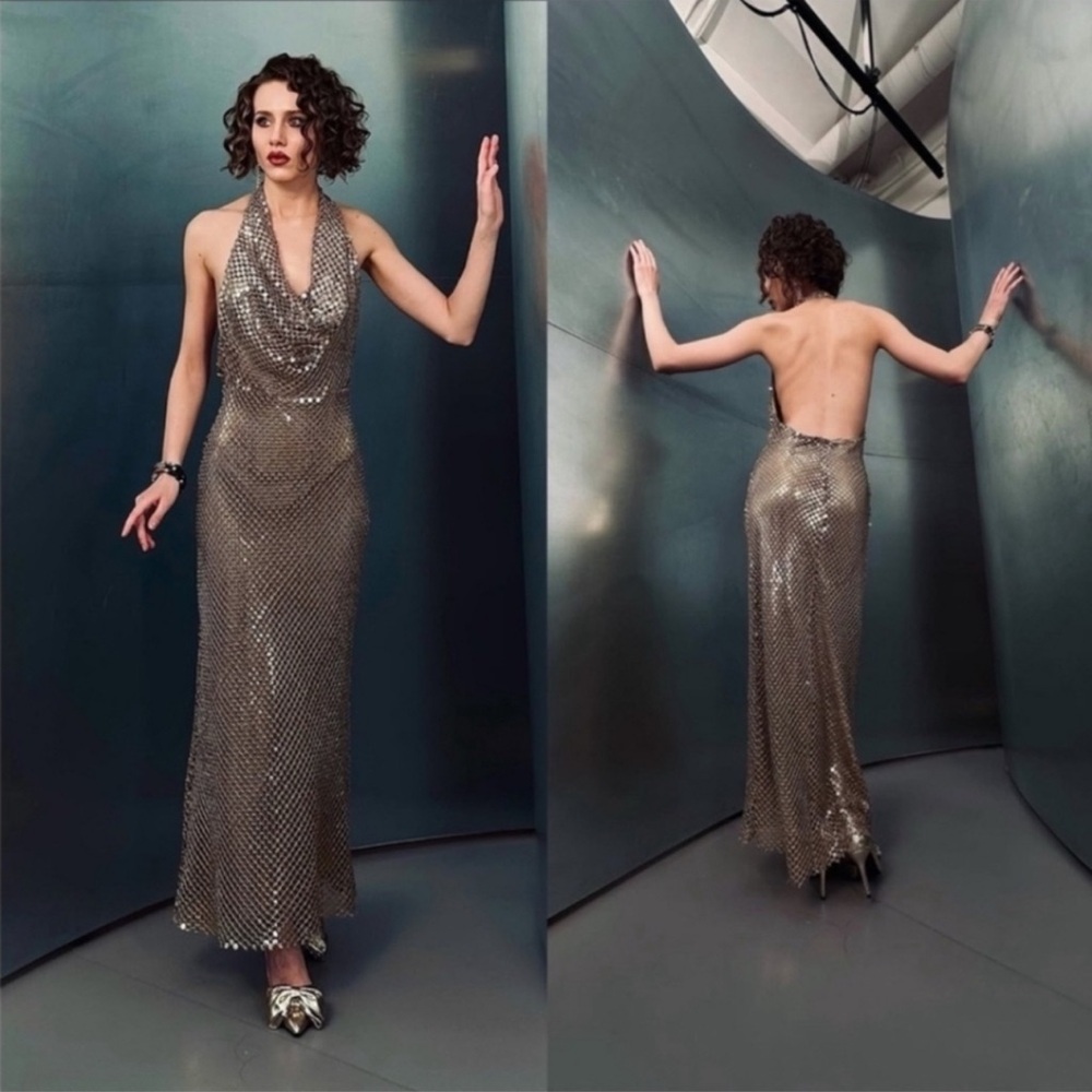 Zara Metallic Gold Sequin Midi Dress - Picture 7 of 8
